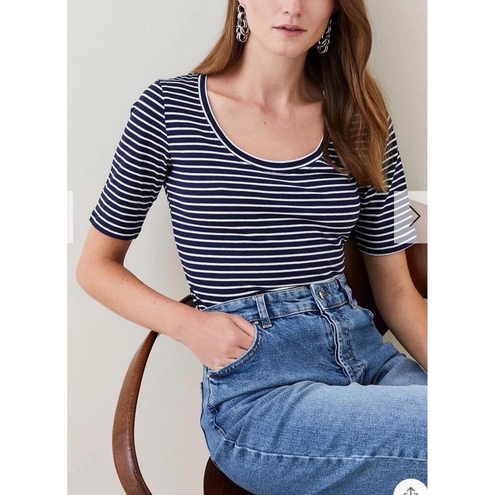 Karen Mullen Cotton Striped Scoop Neck Tee Shirt US 10